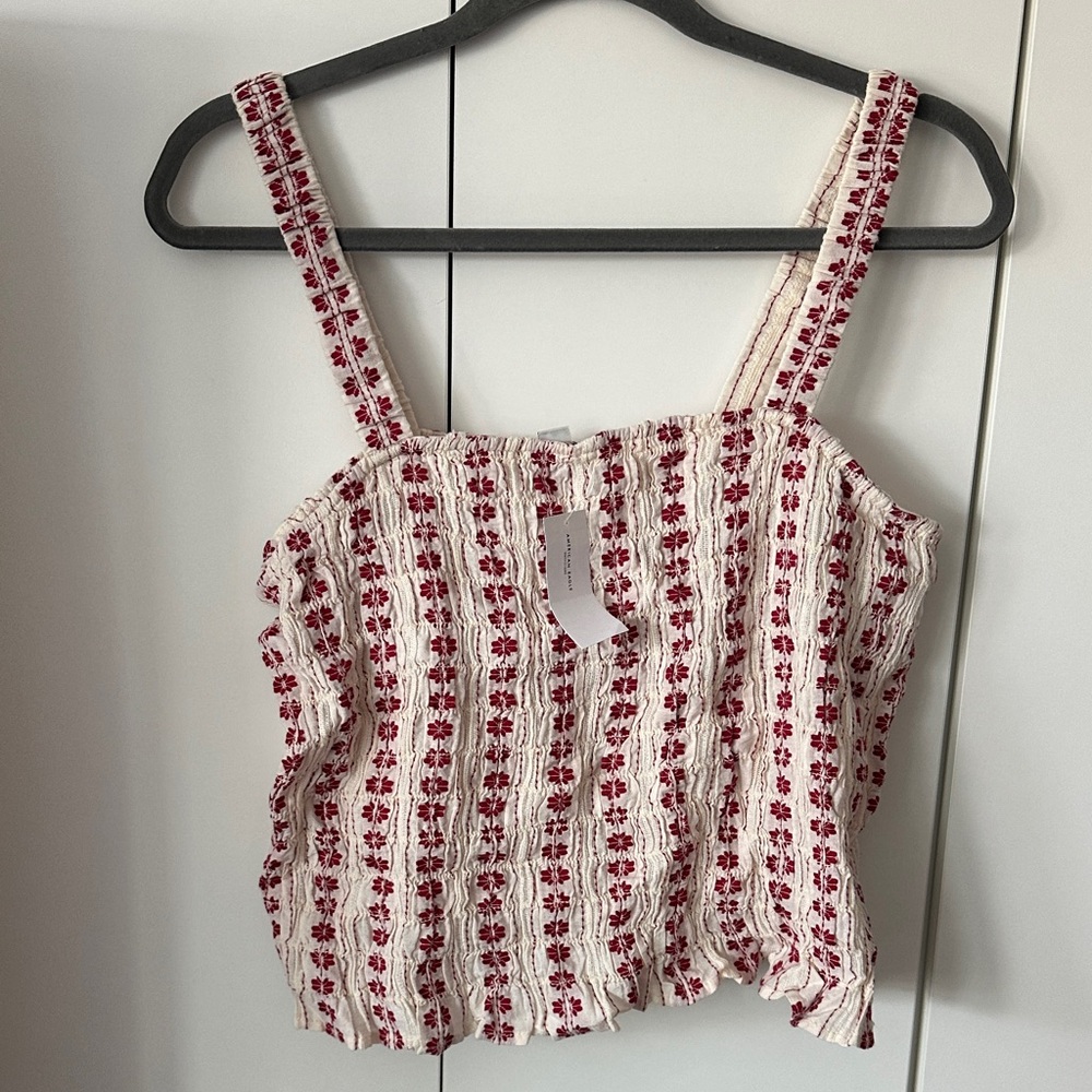 NWT American Eagle Outfitters Cream and Red Floral Smocked Tank Top